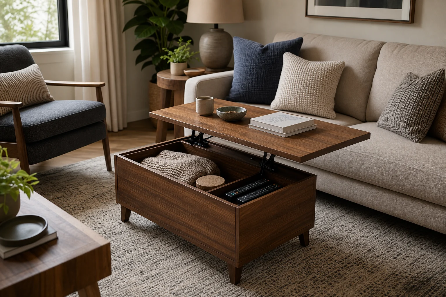 Small living room with a coffee table that includes hidden storage for everyday items.