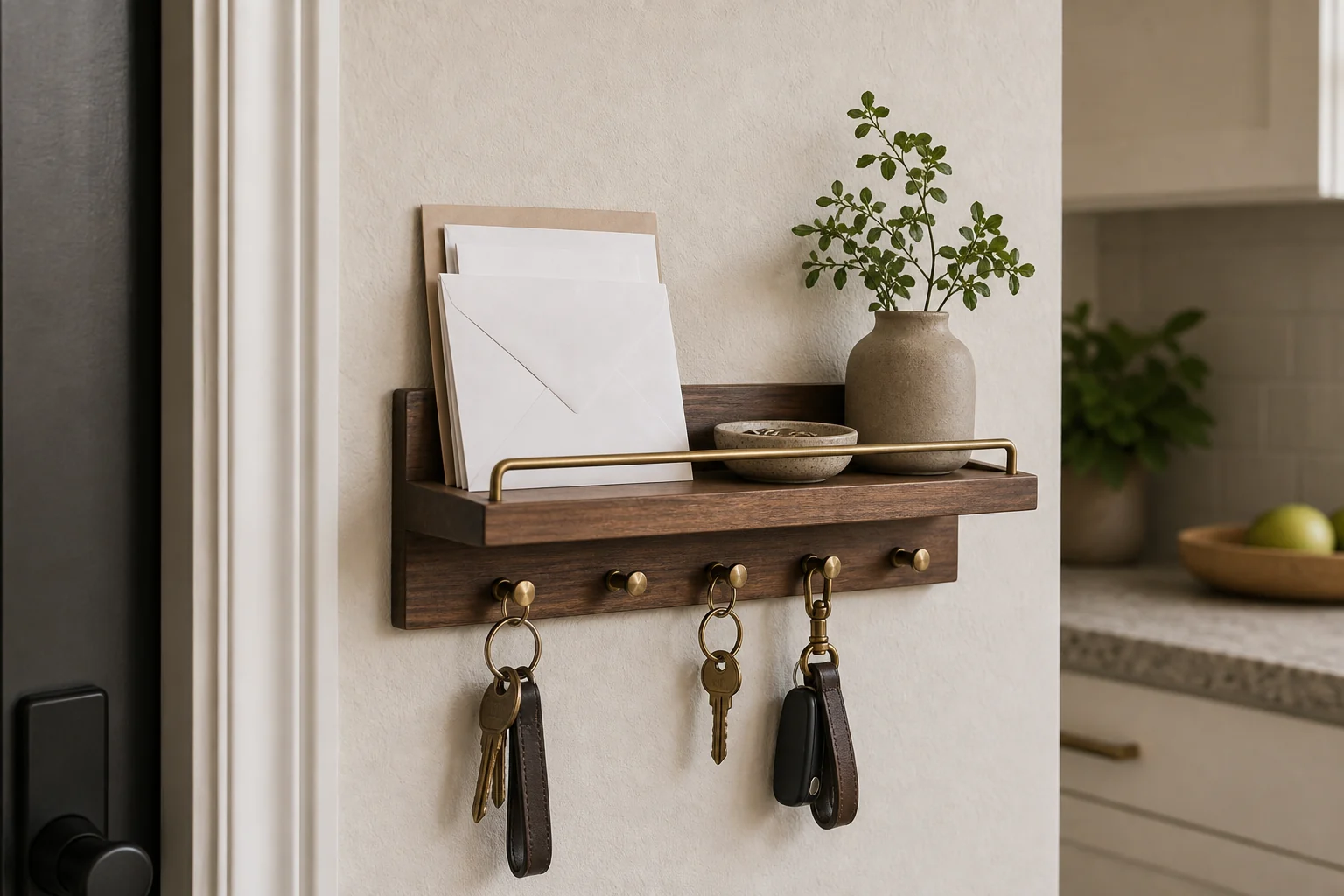 Small wall drop zone with a tray and hooks for mail, keys, and daily essentials.