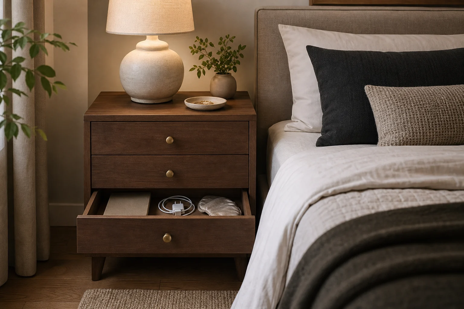 Small bedroom nightstand with drawers that hide bedside clutter.