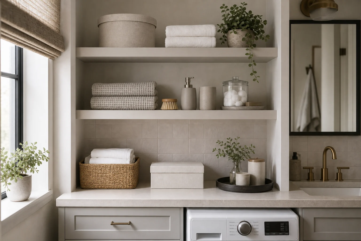 Open storage in one calm color family with baskets and neatly edited shelves.