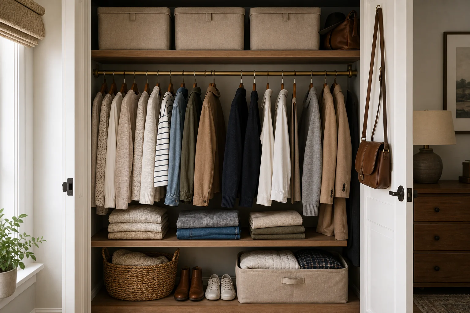 Closet storage with seasonal items placed in high and low zones.