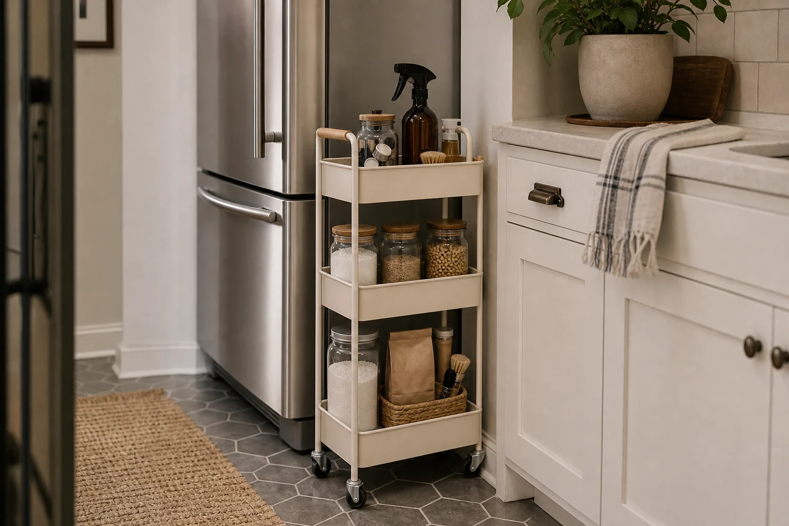 Slim rolling cart organized for extra storage in a compact kitchen or utility corner.