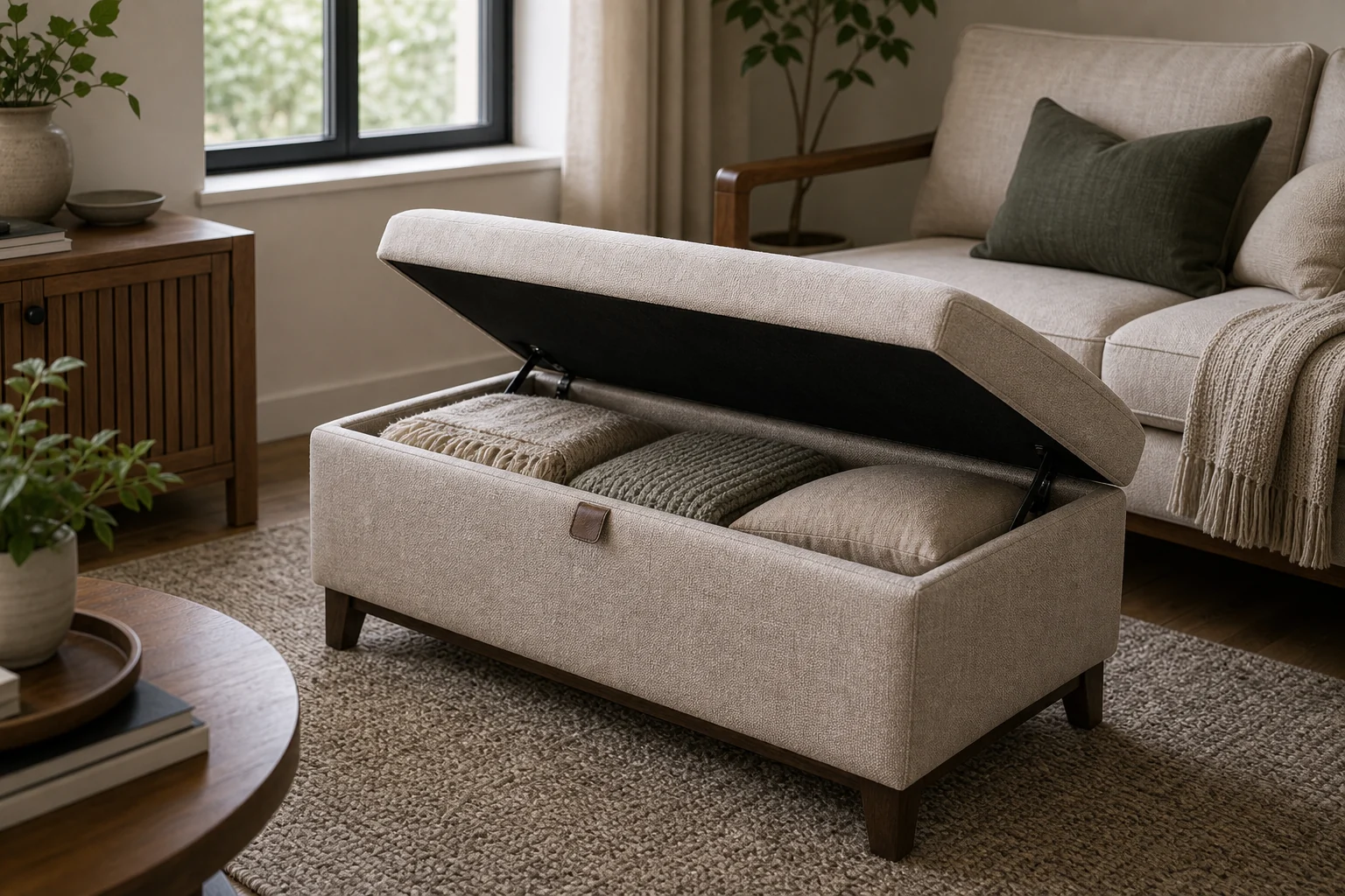 Small living room with a storage ottoman used for throws and pillows.