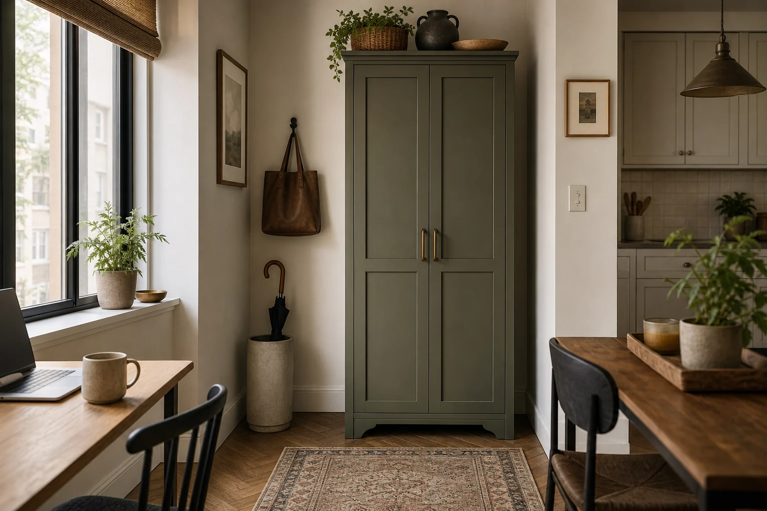 Narrow tall cabinet used as a closed landing zone for small-space storage.
