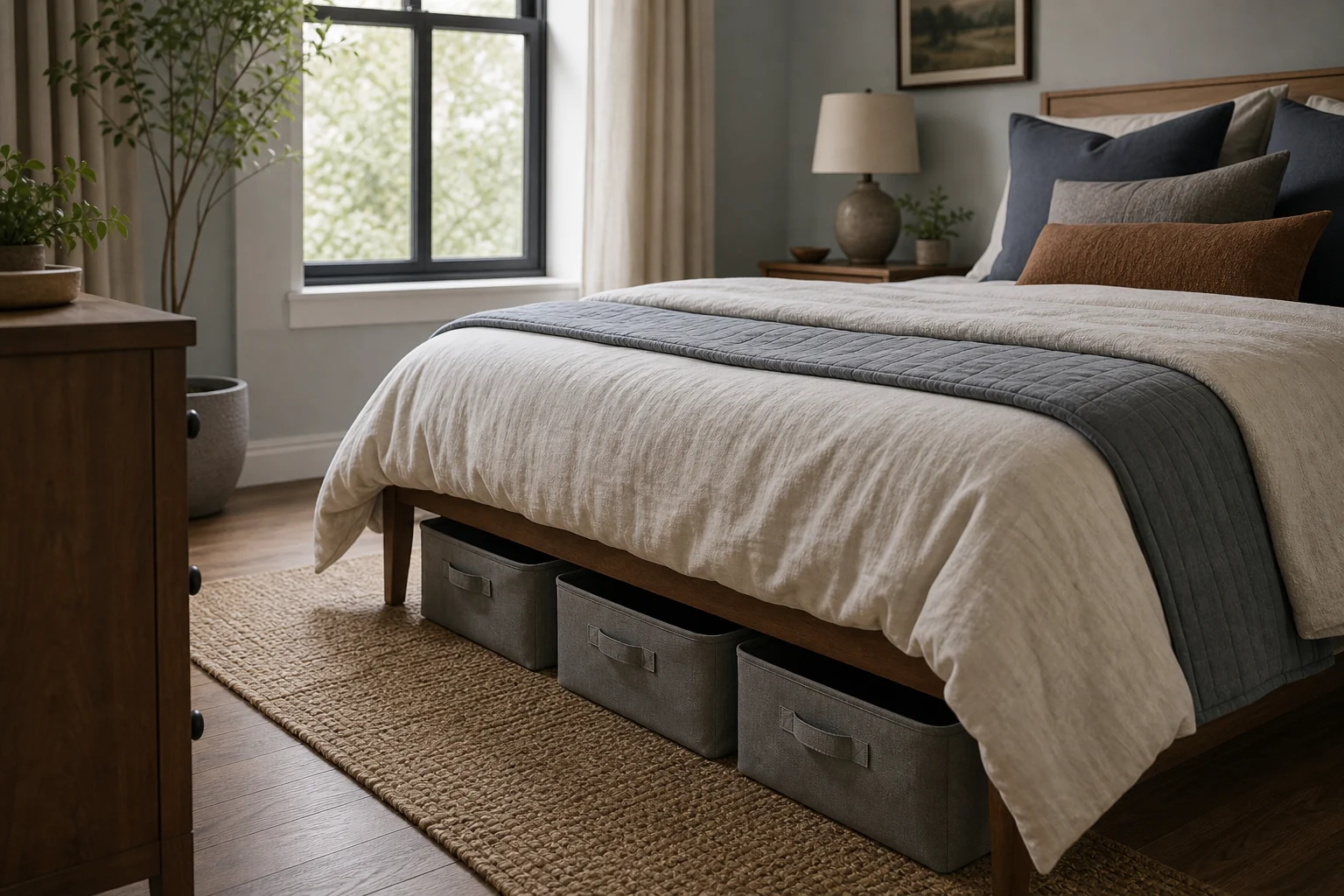 Bedroom with low storage bins tucked neatly under the bed.
