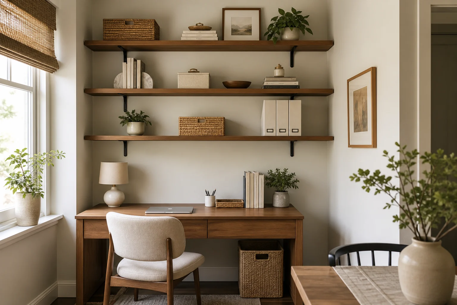Wall shelves in a small room styled with open space around baskets, books, and decor.