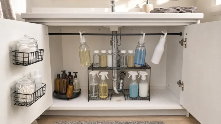 A real US apartment bathroom under-sink cabinet with both doors fully open showing four mechanisms layered around the visible chrome P-trap pipe — a 2-tier matte-black wire riser with U-cutout straddling the pipe, a thin black tension rod across the upper cabinet with three plastic spray bottles hanging head-down by their pistol-grip trigger loops hooked over the rod (the trigger loop visibly wraps around the rod like a coat hanger), a small lazy susan in the back-left corner with amber and clear bottles, and two adhesive wire baskets stacked on the inside of the left cabinet door — mid-morning warm light pouring in from above.