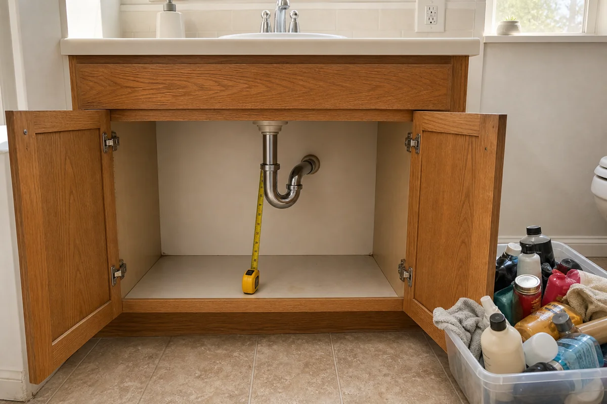 A completely empty under-sink vanity cabinet with both doors open and a yellow retractable tape measure stretched vertically from the cabinet floor to the bottom of the curved chrome P-trap pipe. A clear plastic storage tub beside the cabinet holds the jumbled removed contents.