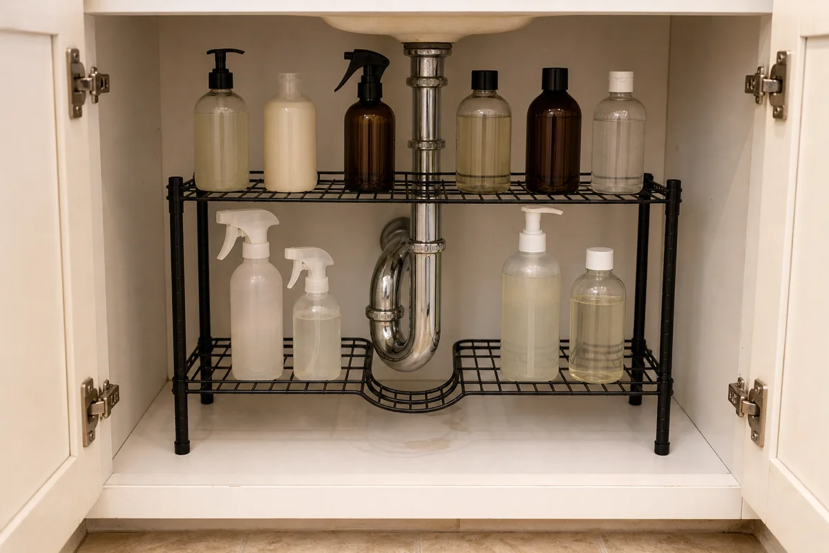 A 2-tier matte-black wire riser sitting on an under-sink cabinet floor with a U-shaped cutout in the lower shelf cradling the curved chrome P-trap pipe. The lower shelf splits with two bottles on each side of the cutout, the upper shelf above the pipe holds six cleaner bottles in a continuous row.