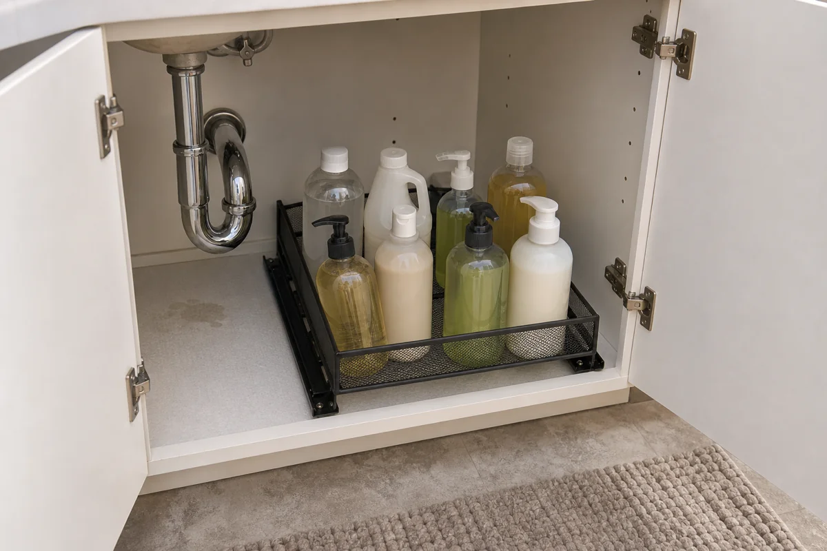 A shallow pull-out drawer partially extended forward about 3 inches from inside an under-sink cabinet on matte-black slide rails that stay fully INSIDE the cabinet (so the cabinet doors can close completely when the drawer is fully retracted). The drawer holds eight tall bottles in two rows. The cabinet's chrome P-trap pipe is offset to the left side, leaving the right side as the clear lane for the pull-out drawer.