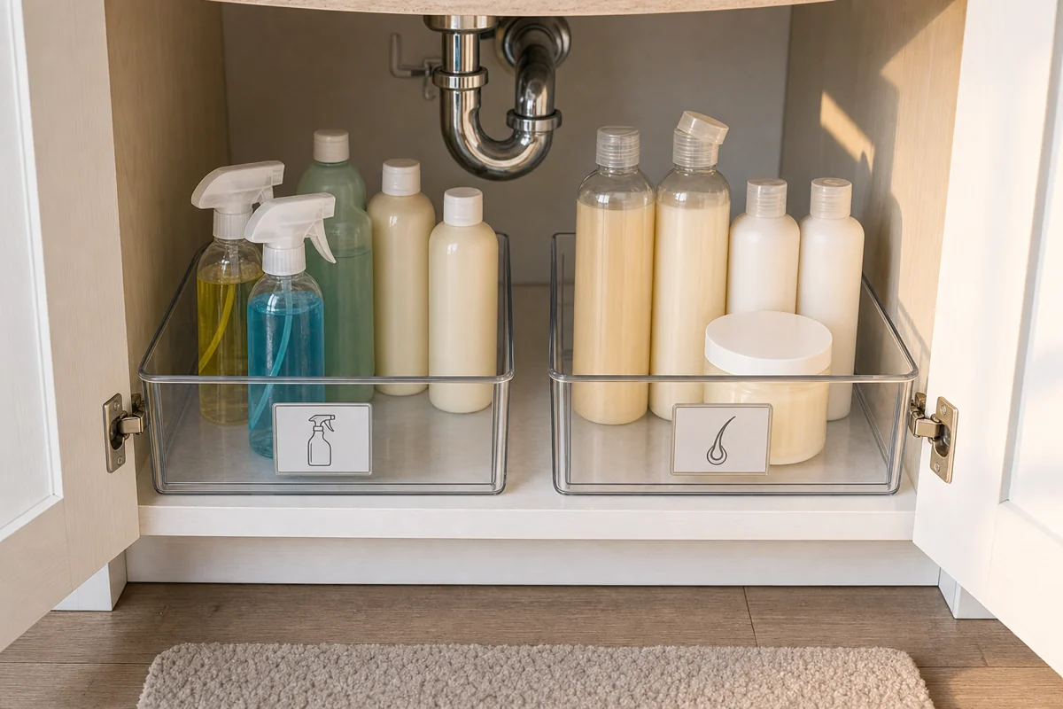 Two clear plastic stackable bins sitting entirely INSIDE an under-sink cabinet (bin front edges aligned at or just behind the cabinet front edge so the doors can close), one bin holds spray cleaners (yellow, blue, green tints visible through clear walls) and the other holds hair products (cream-colored shampoos and conditioners). Each bin has a small icon-symbol label — a spray-bottle icon on the left, a hair-droplet icon on the right.