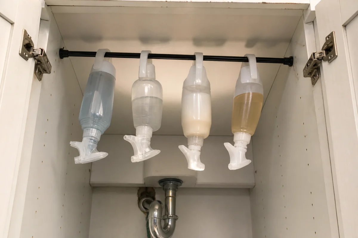 A view looking up into the upper interior of an under-sink cabinet with a thin black tension rod wedged horizontally across the cabinet width. Four translucent spray bottles hang head-down from the rod by their trigger handles. The chrome P-trap pipe is visible below the hanging bottles with about six inches of clearance.