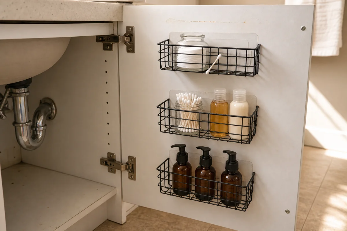 The inside of an open cabinet door with three matte-black adhesive wire baskets stacked vertically. The top basket holds a clear glass jar of cotton pads, the middle basket holds a Q-tip jar plus two small bottles, the bottom basket holds three small amber pump bottles. Adhesive backing is visible at the basket-door contact area.
