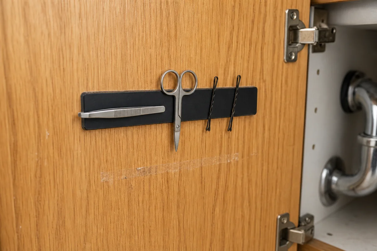 A short matte-black magnetic strip mounted horizontally on the inside of an under-sink cabinet door with four small metal tools stuck to it via magnetic attraction — a pair of slim stainless tweezers, grooming scissors, and two small hair clips.
