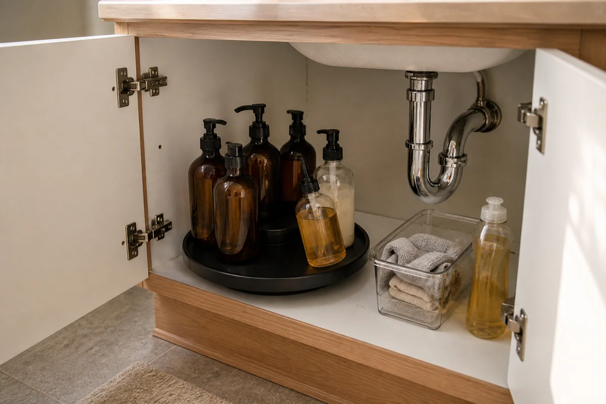 A small black plastic lazy susan in the back-left corner of an under-sink cabinet with six bottles arranged around its perimeter. One bottle is mid-rotation, positioned slightly forward of the others, proving the susan rotates. The cabinet's chrome P-trap pipe is visible to the right of the susan.