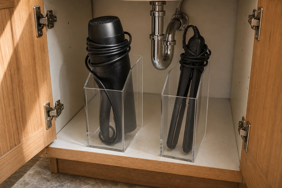 Two clear acrylic file holders side-by-side on an under-sink cabinet floor, each holding a black hair tool vertically — a generic hair dryer in the left holder, a generic flat iron in the right. Cords are wrapped at the top of each tool and tucked into the holder.