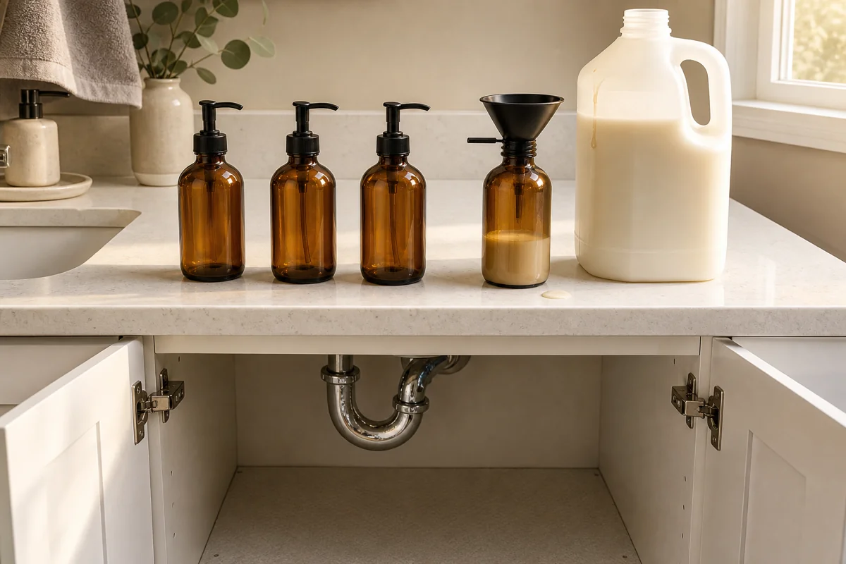 Four identical amber glass pump bottles arranged in a row on a white bathroom counter, all standing upright and stable. A large bulk refill jug stands UPRIGHT and STABLE on the counter beside them (not tilted, not mid-pour, not suspended). A black plastic funnel is inserted into the top of the rightmost amber bottle — the scene reads as set up and ready to decant, not mid-pour-floating. The open under-sink cabinet visible below shows the chrome P-trap pipe inside.