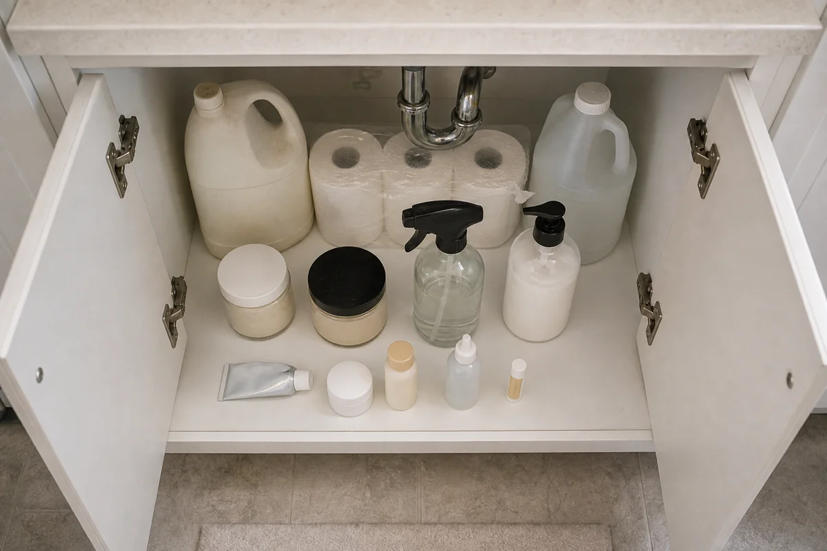 A top-down view into an open under-sink cabinet showing three visible product bands from front to back — daily essentials at the front (small toothpaste, face cream, sunscreen), medium weekly products in the middle (deep conditioner, hair mask, refill cleaner), and large backup refills at the back near the chrome P-trap pipe (bulk shampoo jug, toilet paper multi-pack, refill cleaner gallon).