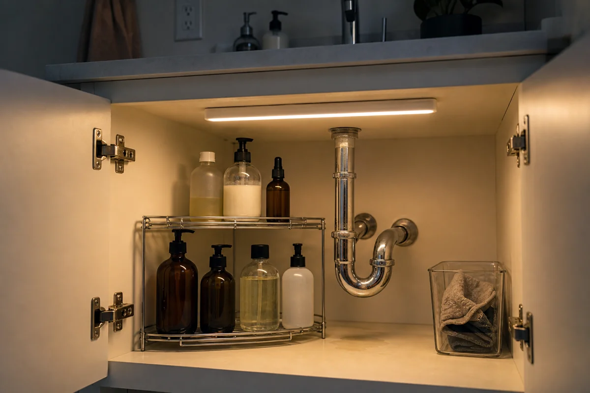 A slim matte-white LED light stick mounted to the underside of an under-sink cabinet top, lit with warm-white 2700K glow illuminating the cabinet interior below. The cabinet contents — bottles on a wire riser, the chrome P-trap pipe — are clearly visible because of the LED. The ambient bathroom outside the cabinet is noticeably dimmer.
