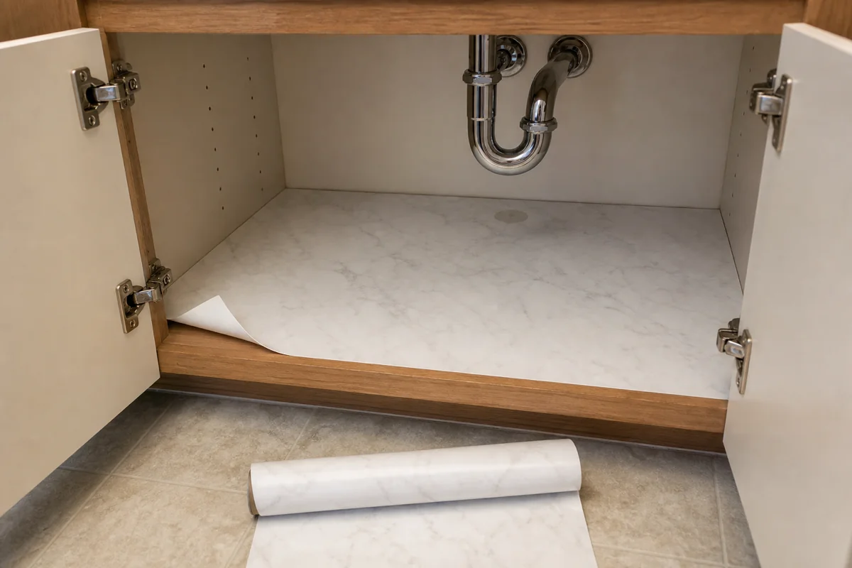 An empty under-sink cabinet floor lined with white contact paper, one corner curled up at the front-left revealing the cabinet wood underneath. A roll of contact paper sits on the bathroom floor outside the cabinet. A small faint water spot is visible on the liner near the chrome P-trap pipe proving the drip-protection function.