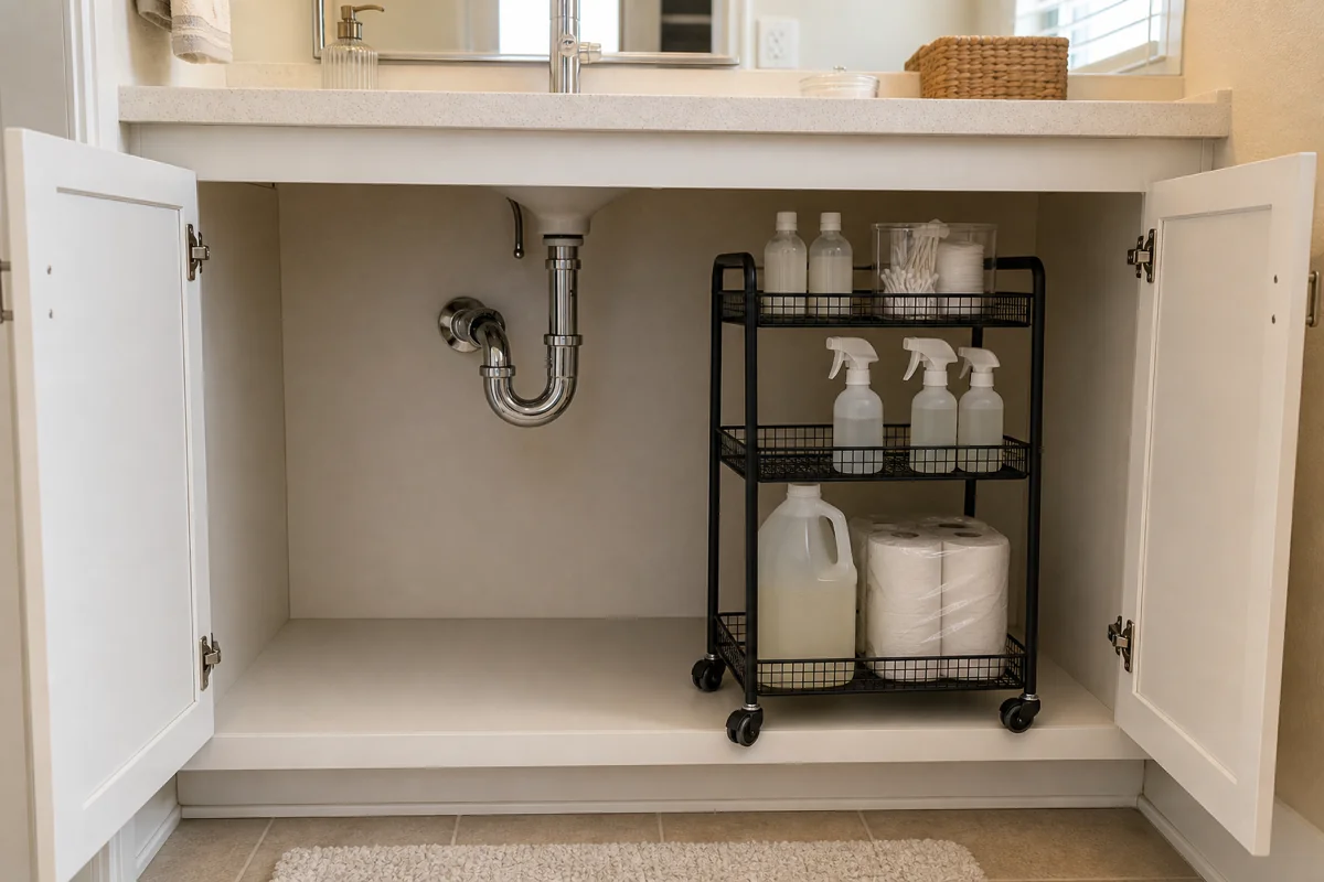 A wider under-sink vanity cabinet (about 40 inches wide, double-door) with a small 3-tier matte-black rolling cart rolled into the right side. Four swivel casters at the cart base prove rollability. The chrome P-trap pipe is on the left side of the cabinet leaving a clear lane for the cart on the right.