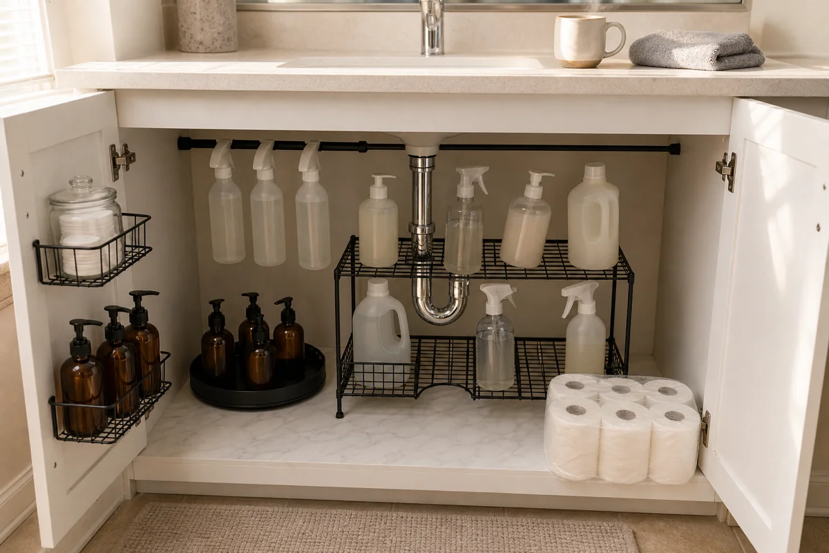 An under-sink cabinet in a fully reset state with multiple mechanisms working together — riser with U-cutout around the pipe, tension rod with hanging spray bottles, lazy susan in the back corner, adhesive door baskets, and a fresh toilet paper multi-pack on the cabinet floor as the quarterly trigger. Warm Sunday-morning daylight, calm arrangement.