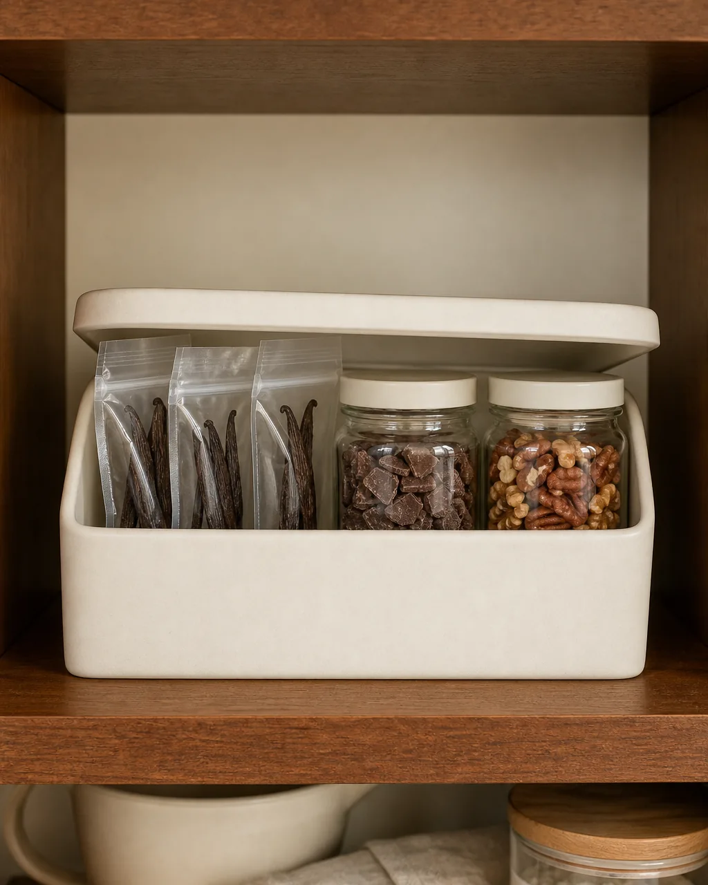 A direct front view of a small section of warm-walnut shelf inside the baking zone holding a single small matte-cream lidded ceramic bin about eight inches wide with the lid lifted just slightly to show three small clear-zip silk pouches of vanilla beans a small clear glass jar of chopped dark chocolate and a small clear glass jar of mixed walnuts and pecans