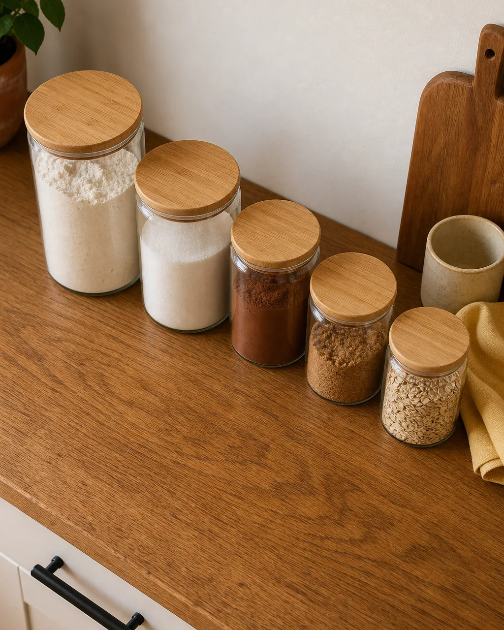 A close overhead-angle view of five matching uniform clear-glass airtight canisters with simple bamboo or matte-cream ceramic lids in graduated sizes lined up on a warm-oak counter each filled to different visible levels with coarse all-purpose flour fine white sugar dark cocoa powder light brown sugar and rolled oats no labels