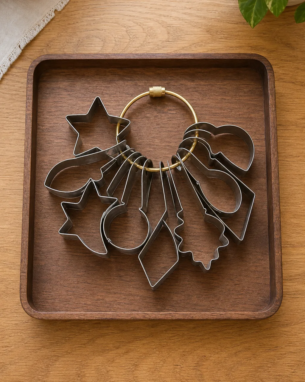 A direct overhead view of a single shallow warm-walnut wooden flat tray on a warm-oak counter holding a single brushed-brass binder ring threaded through about twelve different stainless-steel cookie cutters in assorted generic geometric shapes fanned out on the ring like keys on a keyring