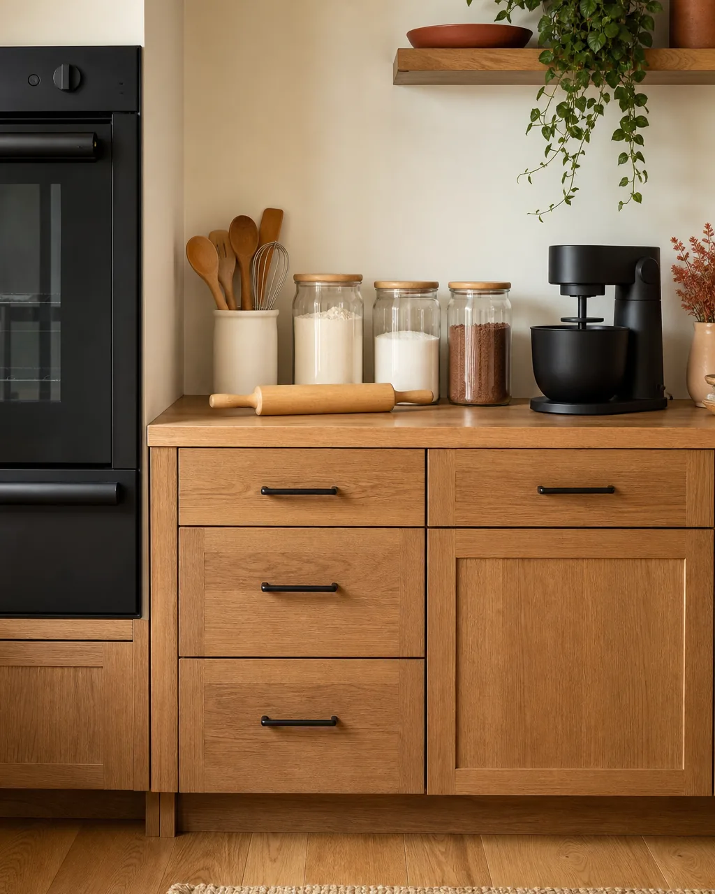 A wide front view of a warm calm US apartment kitchen showing a clearly defined ~32-inch dedicated baking zone of warm-oak counter immediately adjacent to a matte-black wall oven holding a wooden rolling pin a matte-cream ceramic crock of wooden spoons and a flat whisk three clear-glass airtight canisters of flour-sugar-cocoa and a generic small matte-black stand mixer