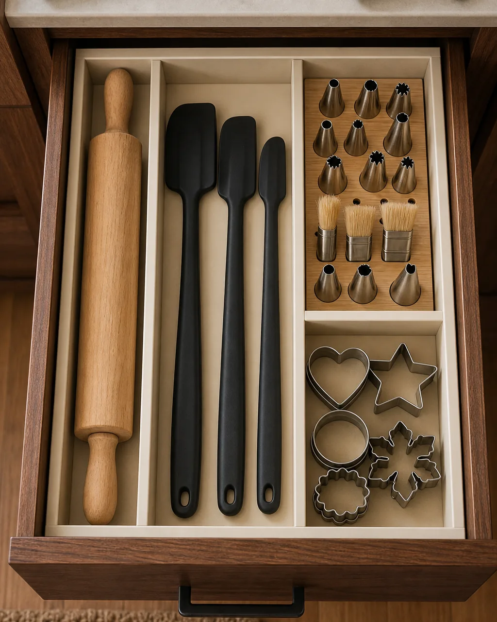 A direct overhead view down into an open warm-walnut kitchen drawer with a custom matte-cream bamboo divider system creating bays sized to specific baking tools one long narrow bay for a single wooden rolling pin one mid bay for matte-black silicone spatulas one shallow grid bay for piping tips and pastry brushes upright and one small bay for cookie cutters