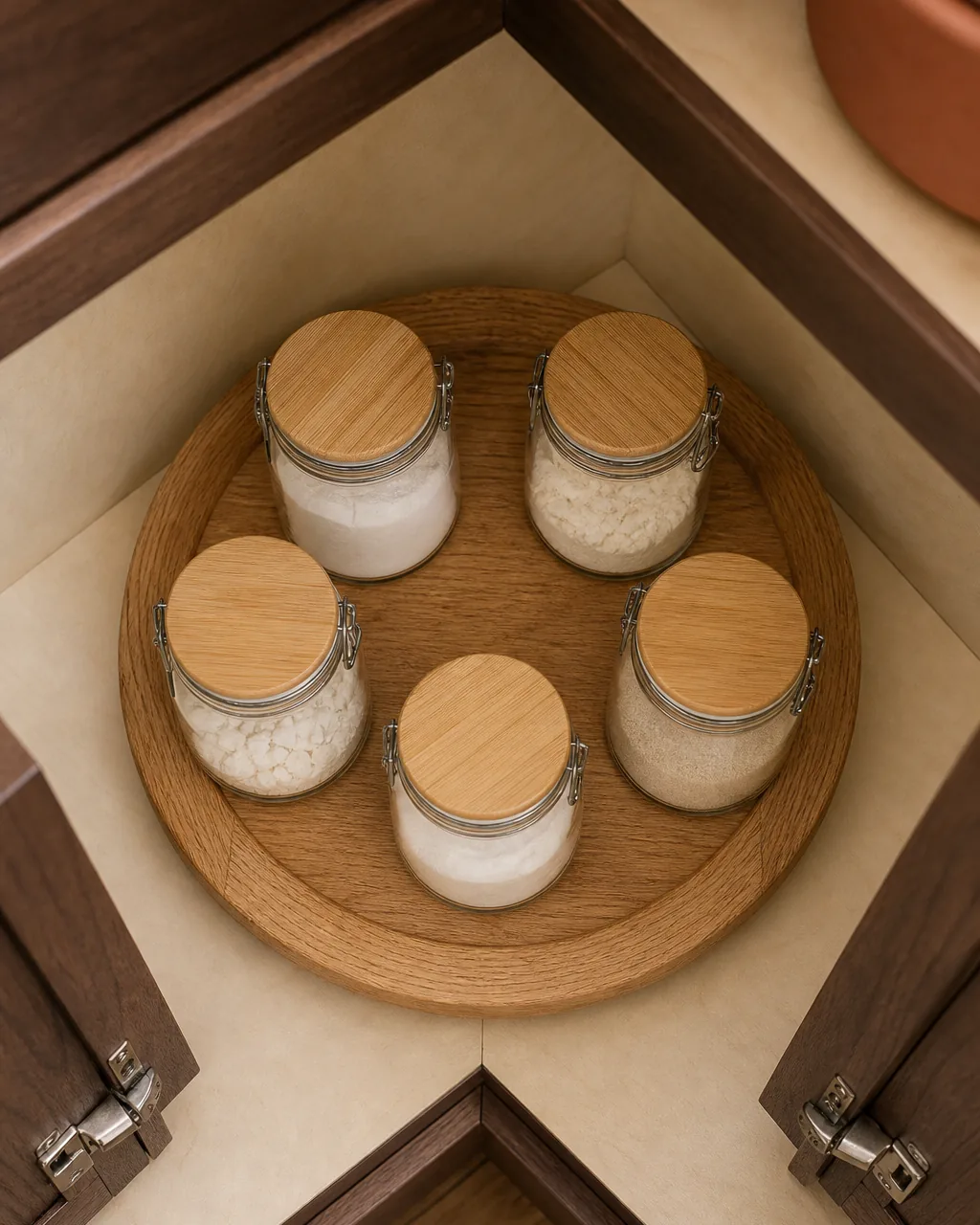 A direct overhead view of a single warm-oak wooden lazy Susan turntable placed inside the dead corner of a warm-walnut kitchen cabinet holding five small uniform clear-glass airtight jars of leavening and pantry baking staples arranged in a circle so the corner is fully usable by rotating the turntable