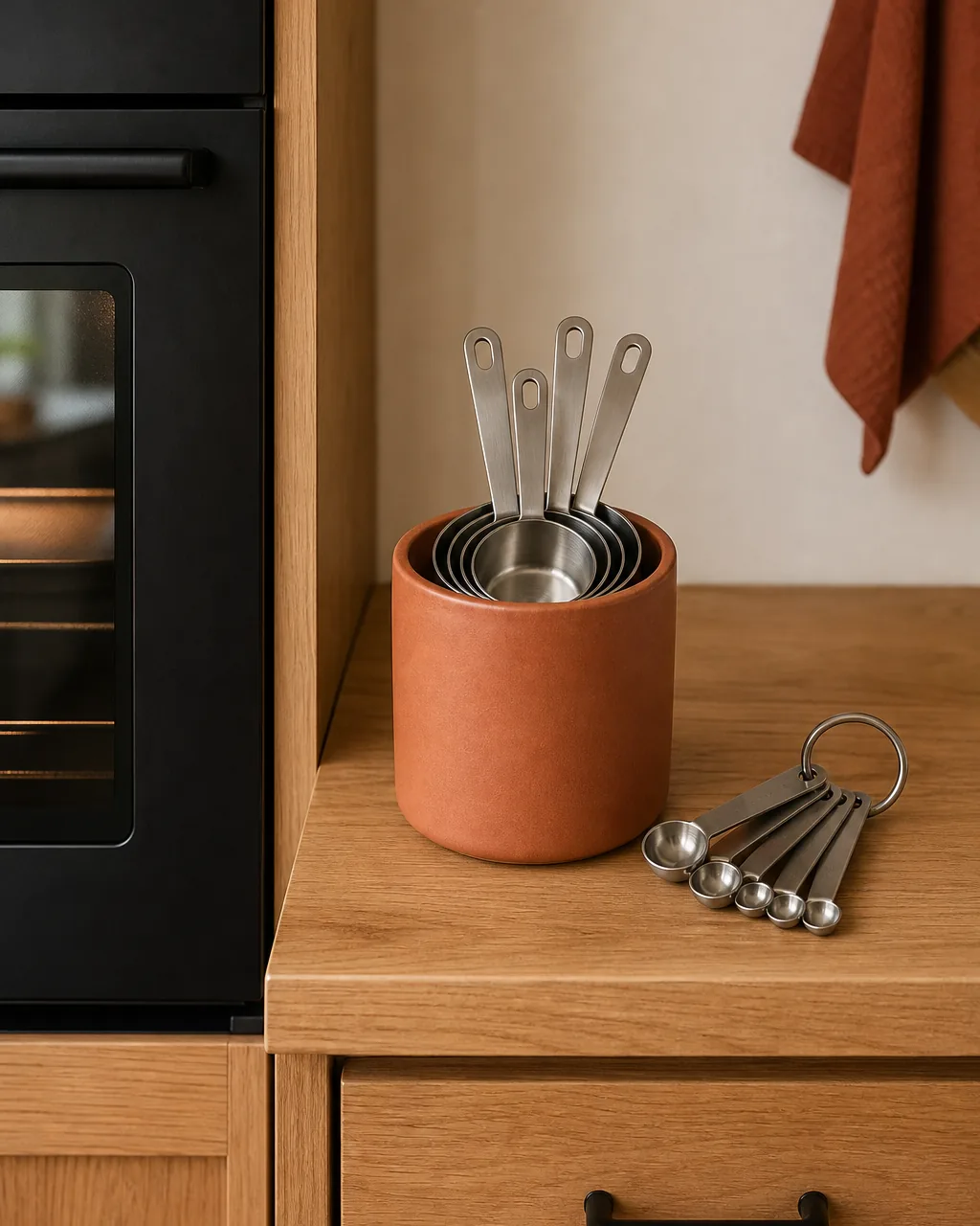 A medium-distance front view of a warm-oak kitchen counter directly beside a matte-black wall oven with an open warm-terracotta ceramic caddy holding a nested set of stainless-steel measuring cups handle-up and a nested set of measuring spoons on a ring within easy arm-reach of the oven door