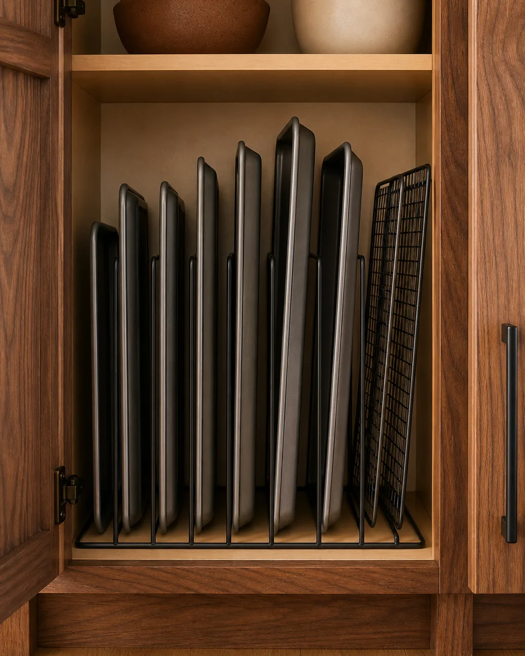 A direct front view into an open tall warm-walnut kitchen cabinet showing a matte-black vertical wire divider system holding six baking sheet pans of different sizes and two cooling racks all filed standing upright side by side like books on a shelf no pans stacked horizontally clean matte-grey neutral pans