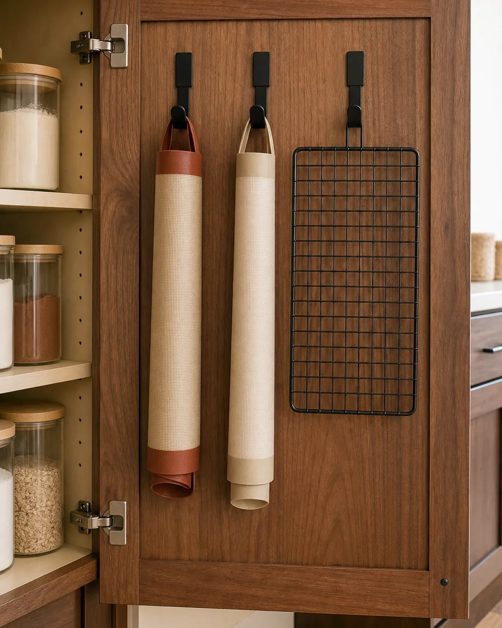 A direct front view of the inside of an open warm-walnut kitchen cabinet door with three matte-black wire hooks mounted on the inside surface holding two rolled silicone baking mats and one small cooling rack hanging flat against the door the cabinet shelves inside visible behind holding clear canisters