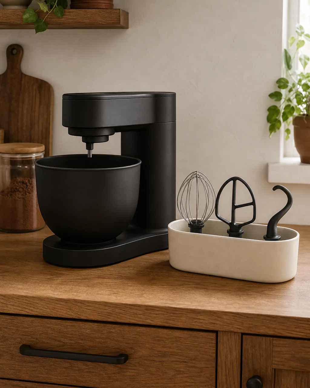 A medium-distance front view of a warm-oak kitchen counter section dedicated to a generic small matte-black stand mixer with a simple cylindrical body and flat paddle arm and a single small open matte-cream ceramic caddy beside the mixer holding the three stand-mixer attachments a wire whisk a flat paddle and a dough hook all standing handle-up