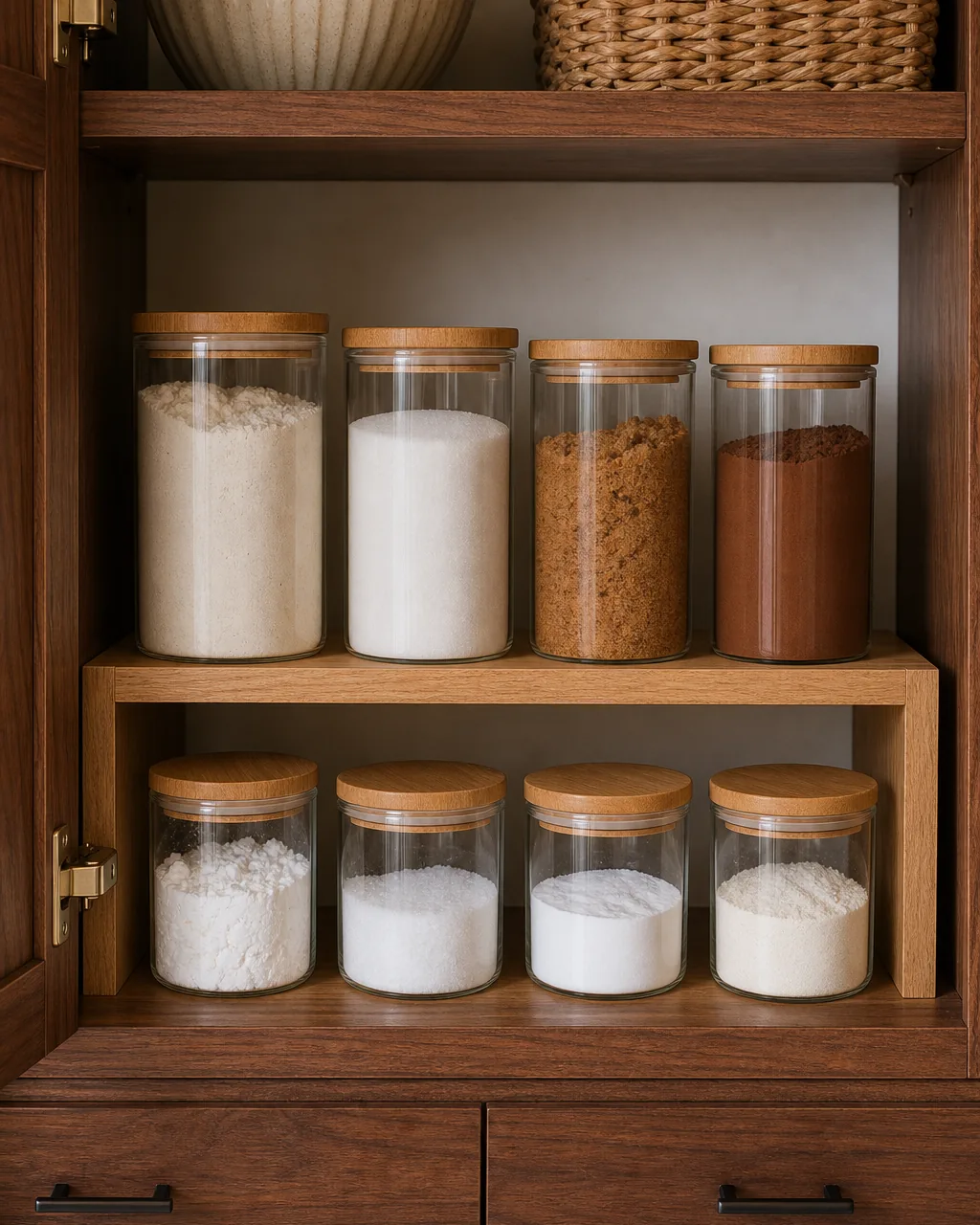 A direct front view into an open warm-walnut kitchen cabinet shelf showing a single warm-oak two-tier shelf riser lifting the back row of clear-glass airtight canisters about four inches above the front row so all eight canisters of dry baking ingredients are immediately visible at a glance