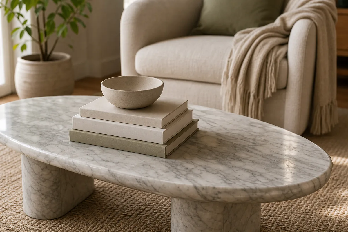 A flat stack of three or four blank-cover hardcover books on an oval marble coffee table, a single small matte ceramic bowl resting on top as a pedestal layer