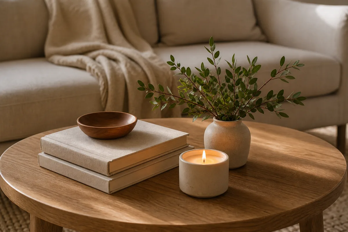 A filled candle glowing softly in a ceramic vessel low in a coffee table grouping, paired with a blank-book stack and a short vase of greenery, on a round wood table in warm light