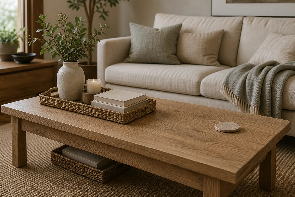 A rectangular wood coffee table with the styling grouped at one end (a tray, a vase, a candle, a book stack) and the other half left clear with a single coaster ready for a mug