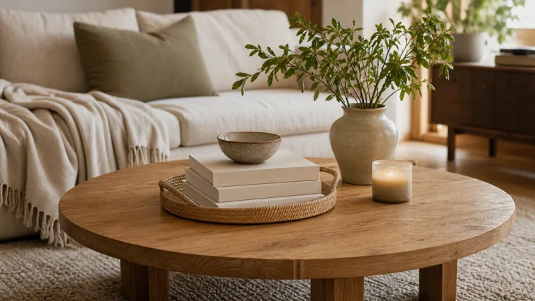 A beautifully styled round wood coffee table in a warm living room: a woven tray holding a stack of blank books with a small bowl, a ceramic vase of green branches, and a low candle, with varied heights and breathing room, a linen sofa behind