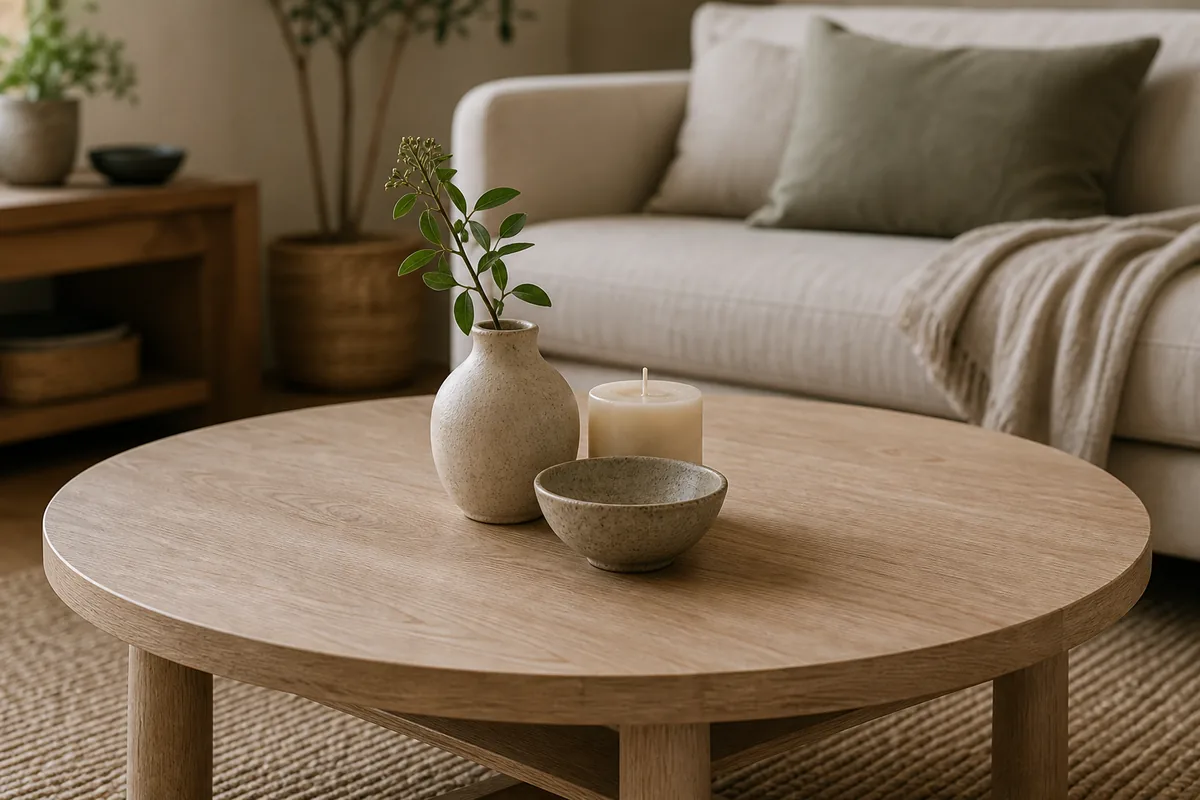 Three objects clustered together on a round pale-wood coffee table, a small vase with a stem, a squat candle, and a ceramic bowl, reading as one odd-numbered grouping