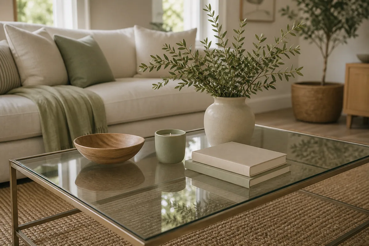 A glass-and-metal coffee table styled in one cohesive palette of cream, wood, and soft sage across a vase, a candle, a bowl, and a blank-book stack