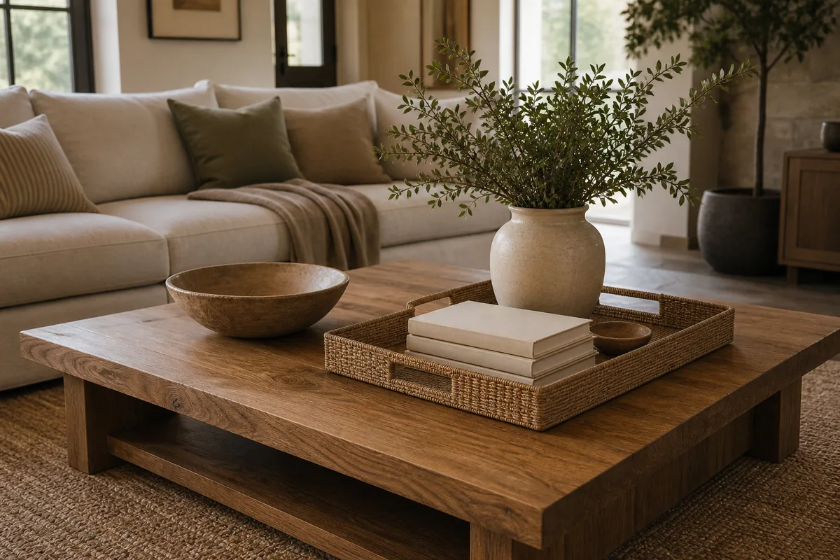 A large rectangular wood coffee table styled with appropriately big objects, a generous tray, a tall substantial vase of branches, a thick stack of blank books, and a sizable bowl, so nothing looks lost
