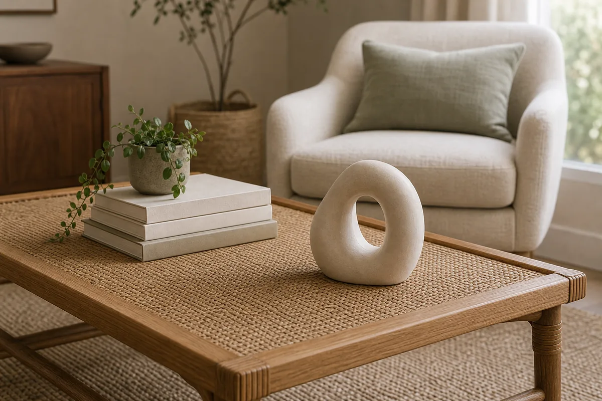 A single abstract cream ceramic sculptural object on a rattan-and-wood coffee table as the quiet focal point, beside a low blank-book stack and a small trailing plant