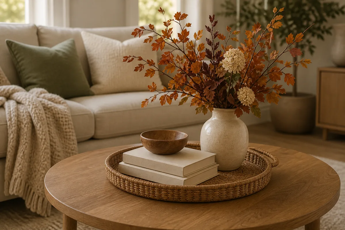 A round wood coffee table with a permanent base of a tray, blank books, and a vase, refreshed with a seasonal spray of warm autumn branches in the vase