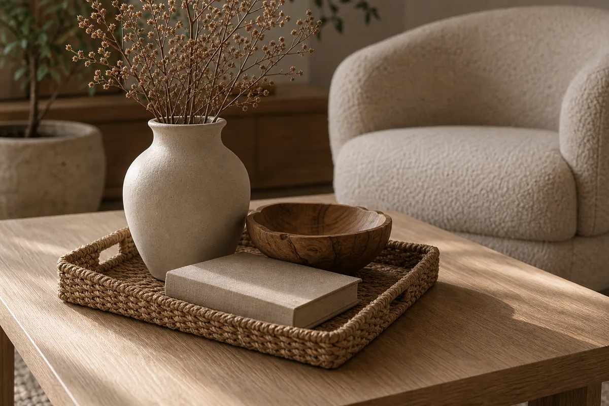 A pale-oak coffee table layering natural textures in a quiet palette: a woven seagrass tray, a matte cream ceramic vase, a carved wood bowl, and a linen-bound blank book