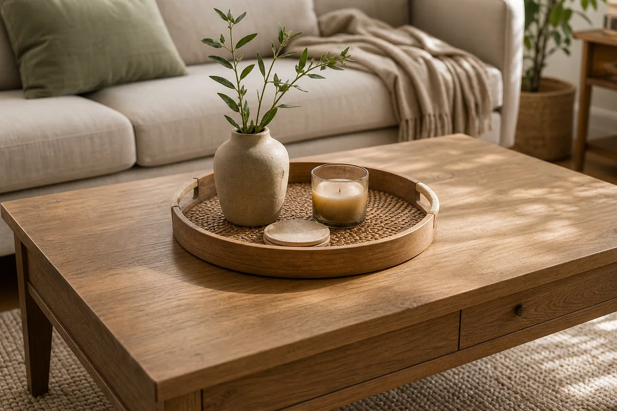 A round woven-and-wood tray on a rectangular wood coffee table corralling a small vase of stems, a low candle, and a coaster, with the rest of the table left clear