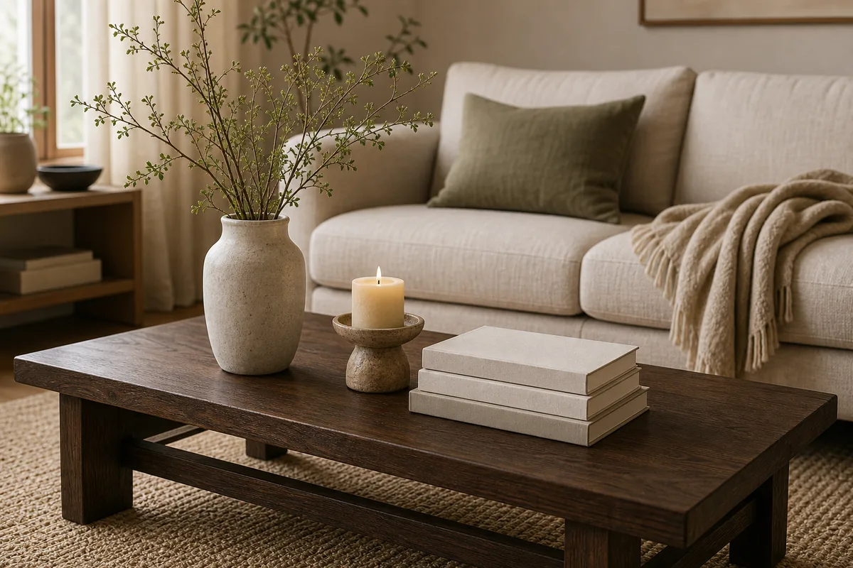 A rectangular dark-wood coffee table styled in three clear height tiers: a tall vase of branches, a medium candle, and a low flat stack of blank books, side by side