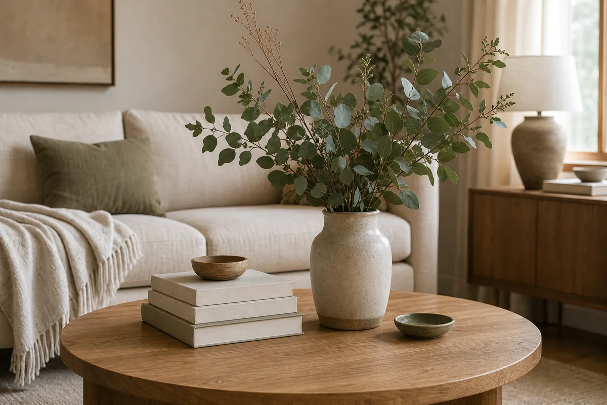 A ceramic vase of fresh eucalyptus and branches standing as the tall element on a round wood coffee table, beside a low stack of blank books